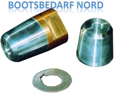 Hutmutter mit Zinkanode komplett mit NIRO-Sicherungblech.  Welle 20mm Gewinde M12 x 1 1/2