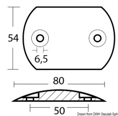 Gewlbte Plattenanode aus 80x55 mm, Bohrabstand 50, Gewicht 180 g. Zink