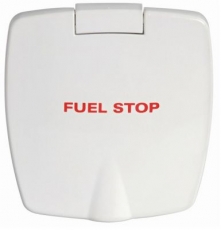 Feuerlscherfach aus ABS wei auen 87x94mm Version Mit Beschriftung Fuel Stop